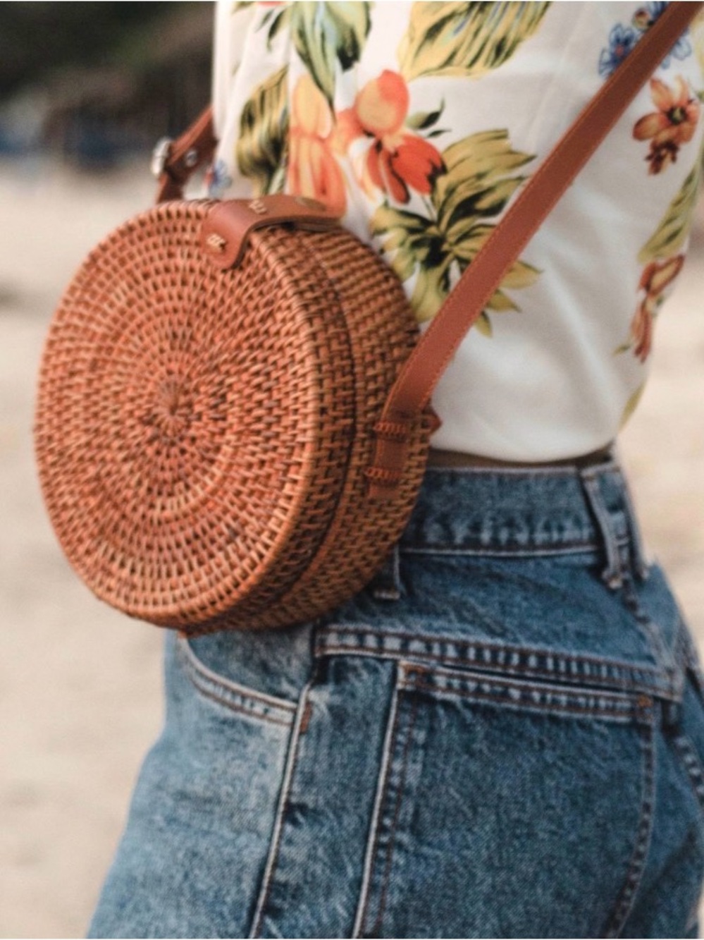 Woven Round Crossbody Bag in Tan - Picture 1 of 3